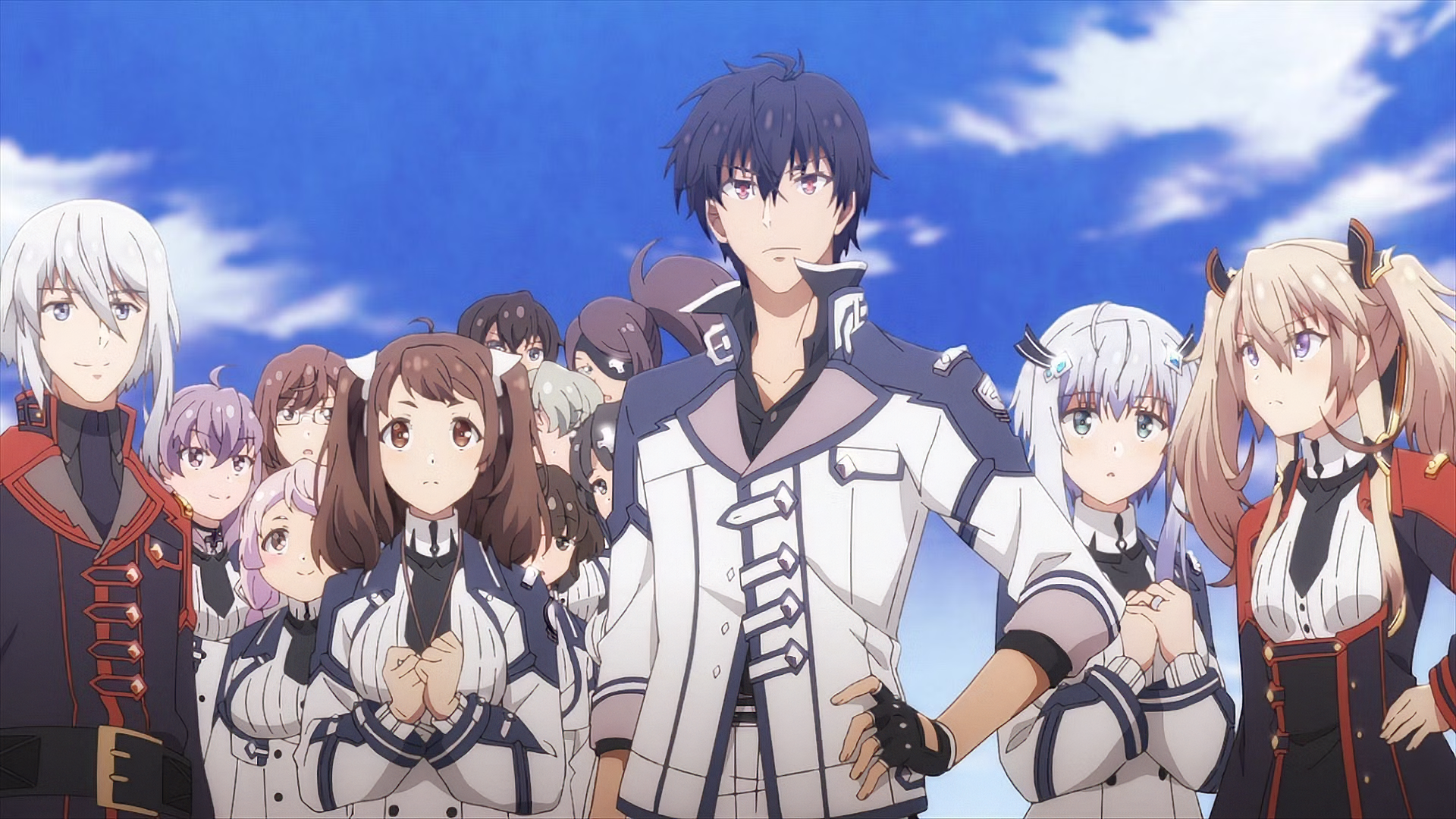 HD wallpaper featuring characters from the anime The Misfit of Demon King Academy with the central character standing confidently in the foreground, surrounded by a group of other characters under a blue sky.