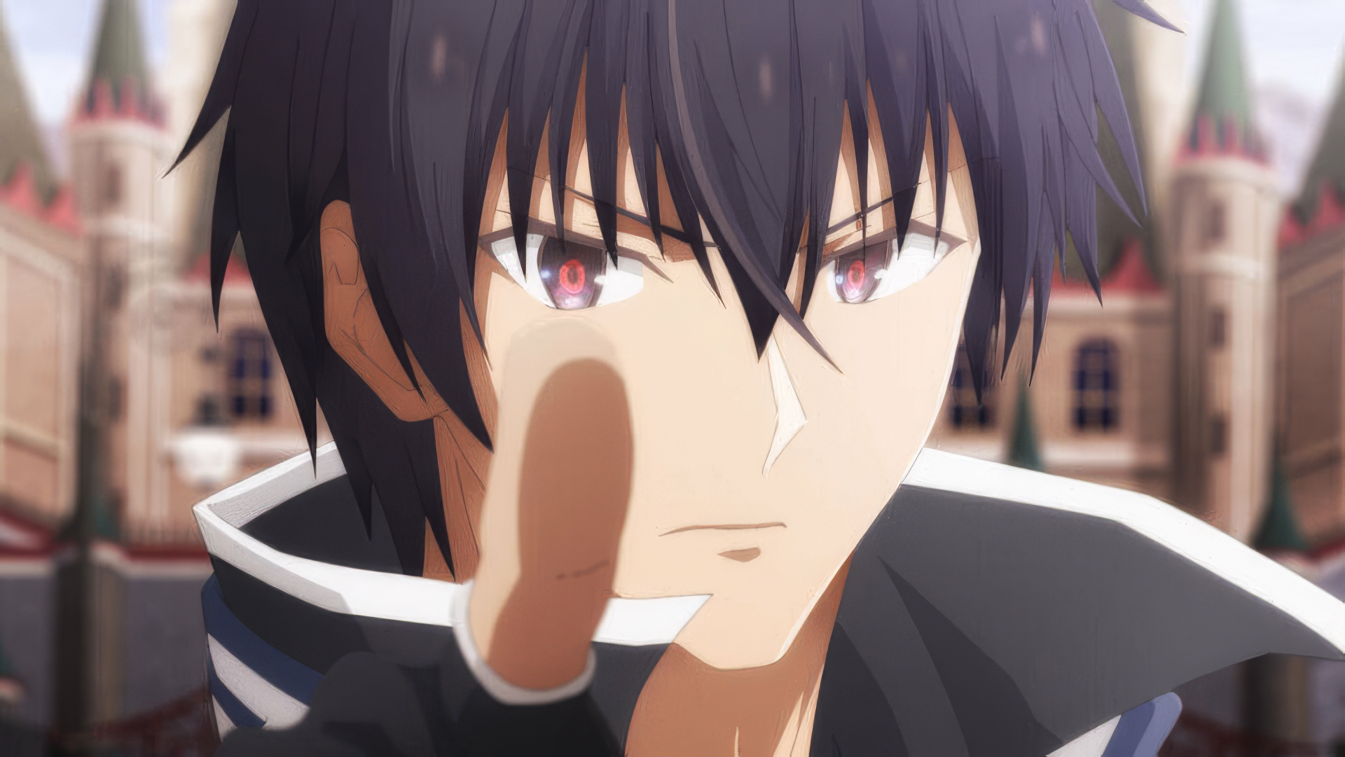 HD wallpaper featuring Anos Voldigoad, the protagonist from The Misfit of Demon King Academy anime, with a confident expression against a blurred academy backdrop.