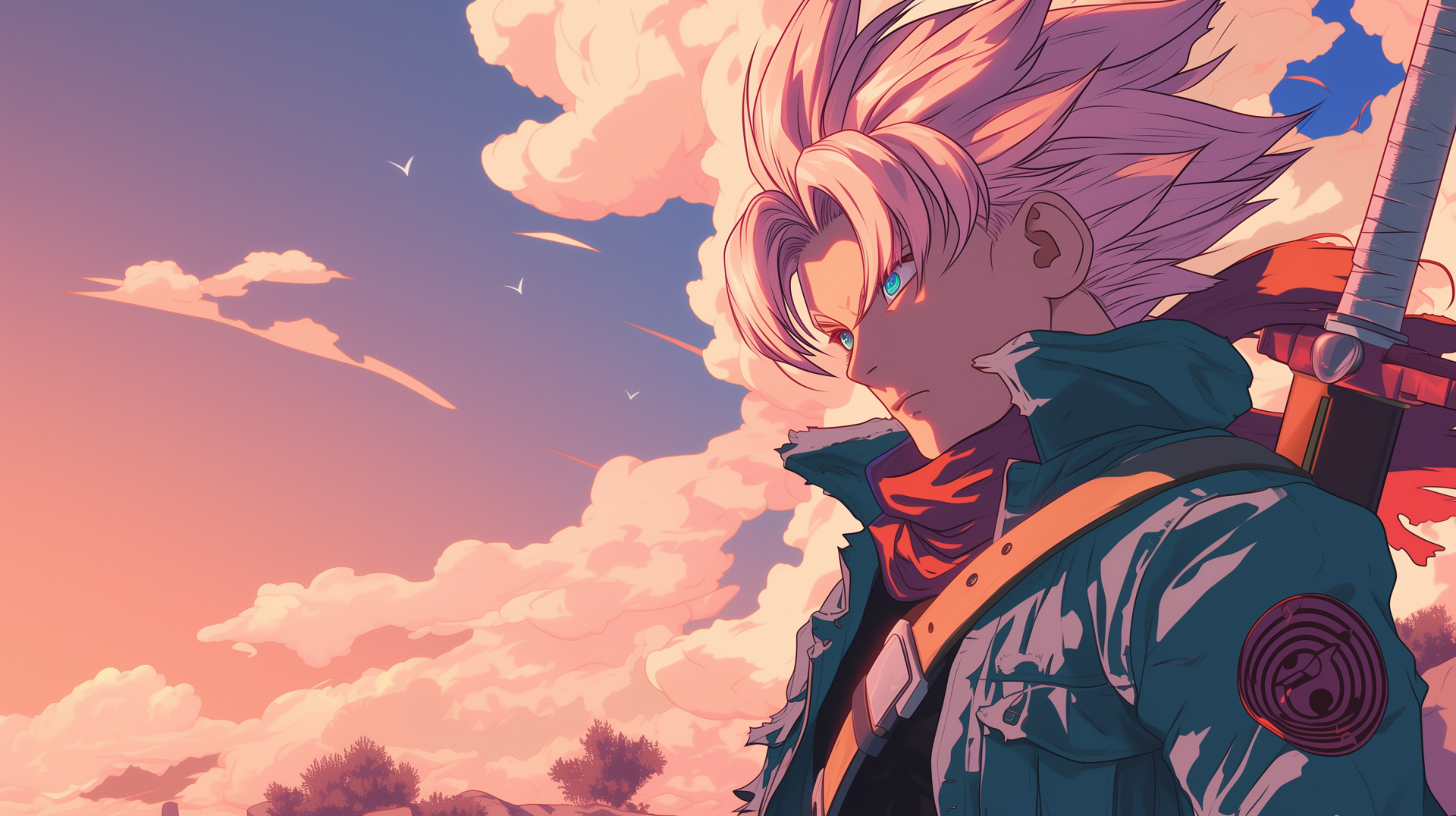 HD desktop wallpaper of an anime boy with spiked hair, showcasing a side profile against a backdrop of a vibrant sunset sky with fluffy clouds.