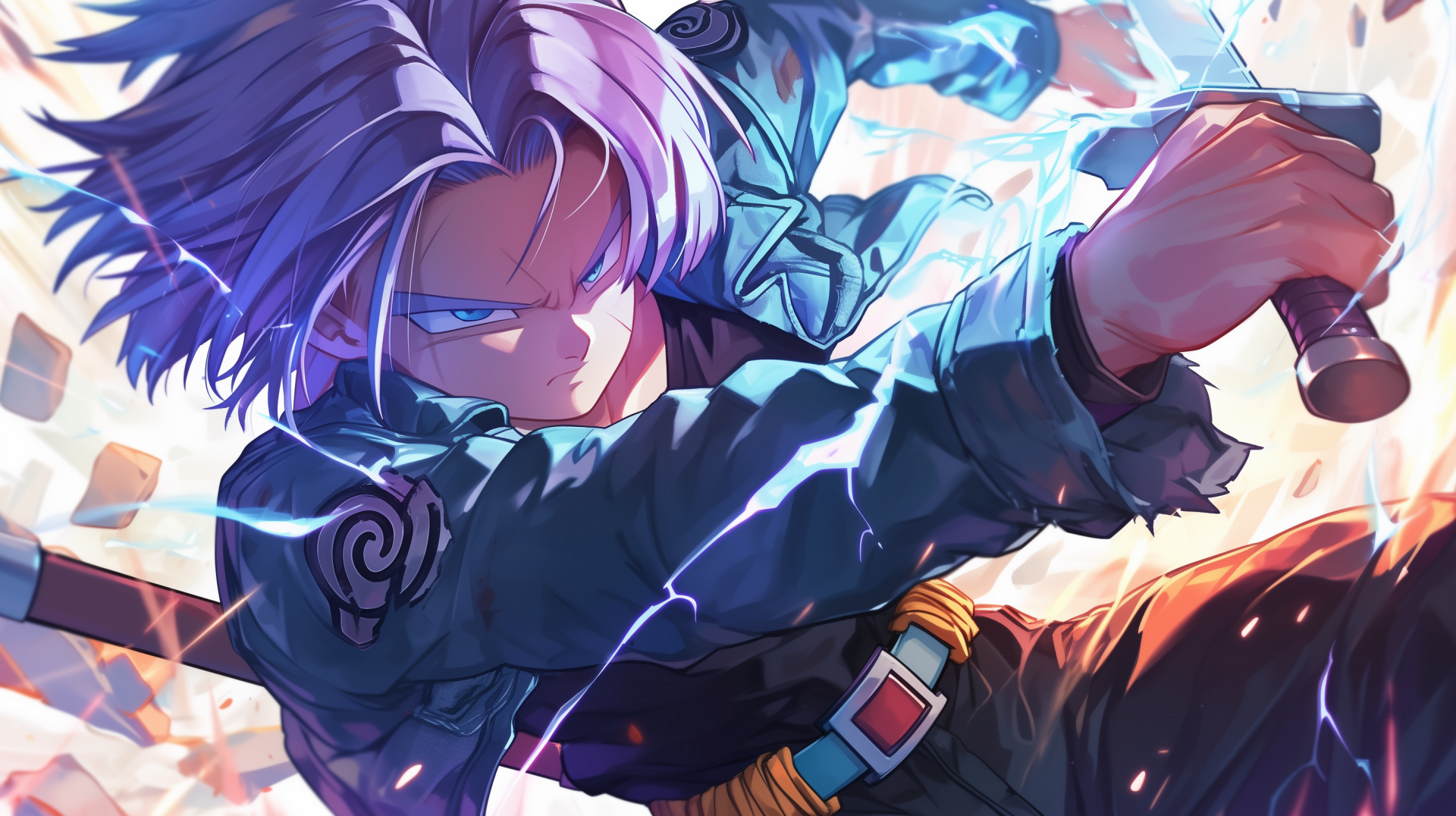 HD wallpaper featuring Trunks from Dragon Ball Z, in dynamic pose with a serious expression, surrounded by an energetic aura.