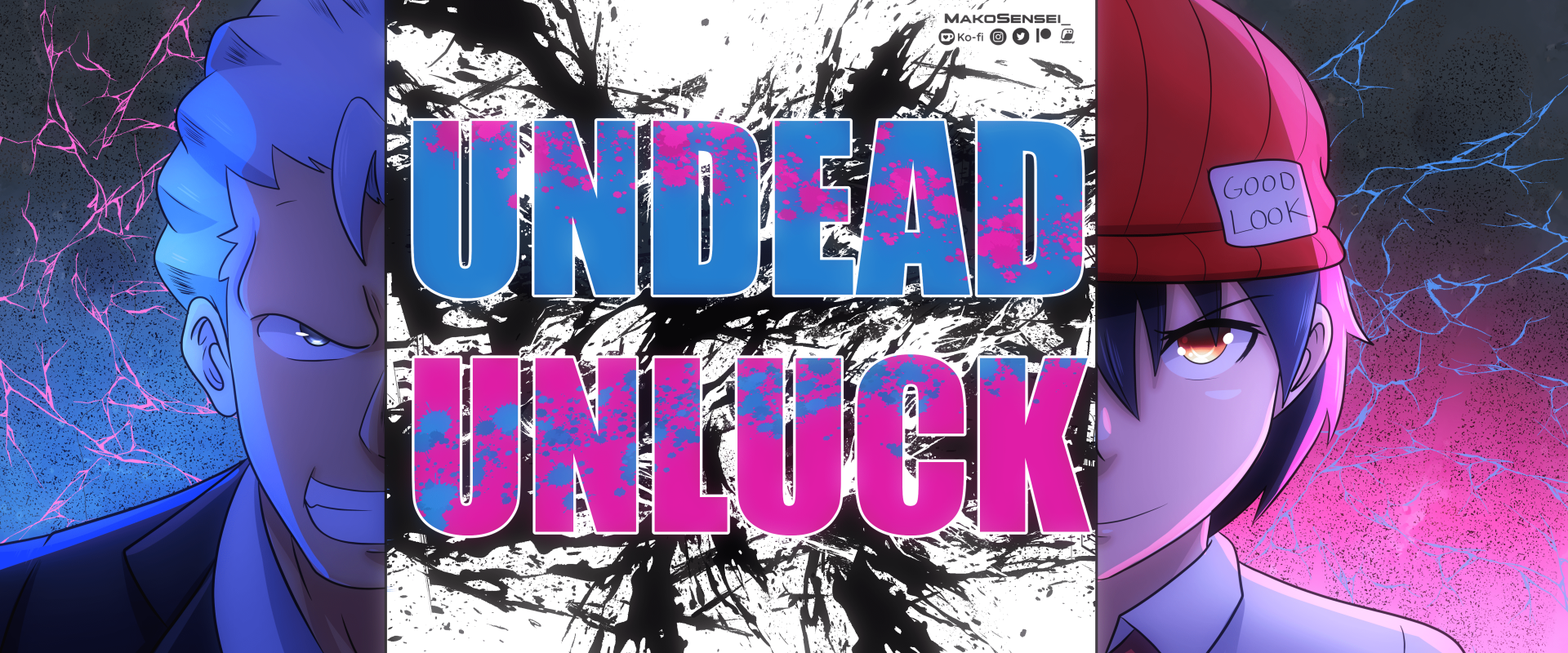 HD anime wallpaper featuring stylized illustrations of two characters from Undead Unluck with a bold title text in the center against a backdrop with a black and violet ink splash pattern.