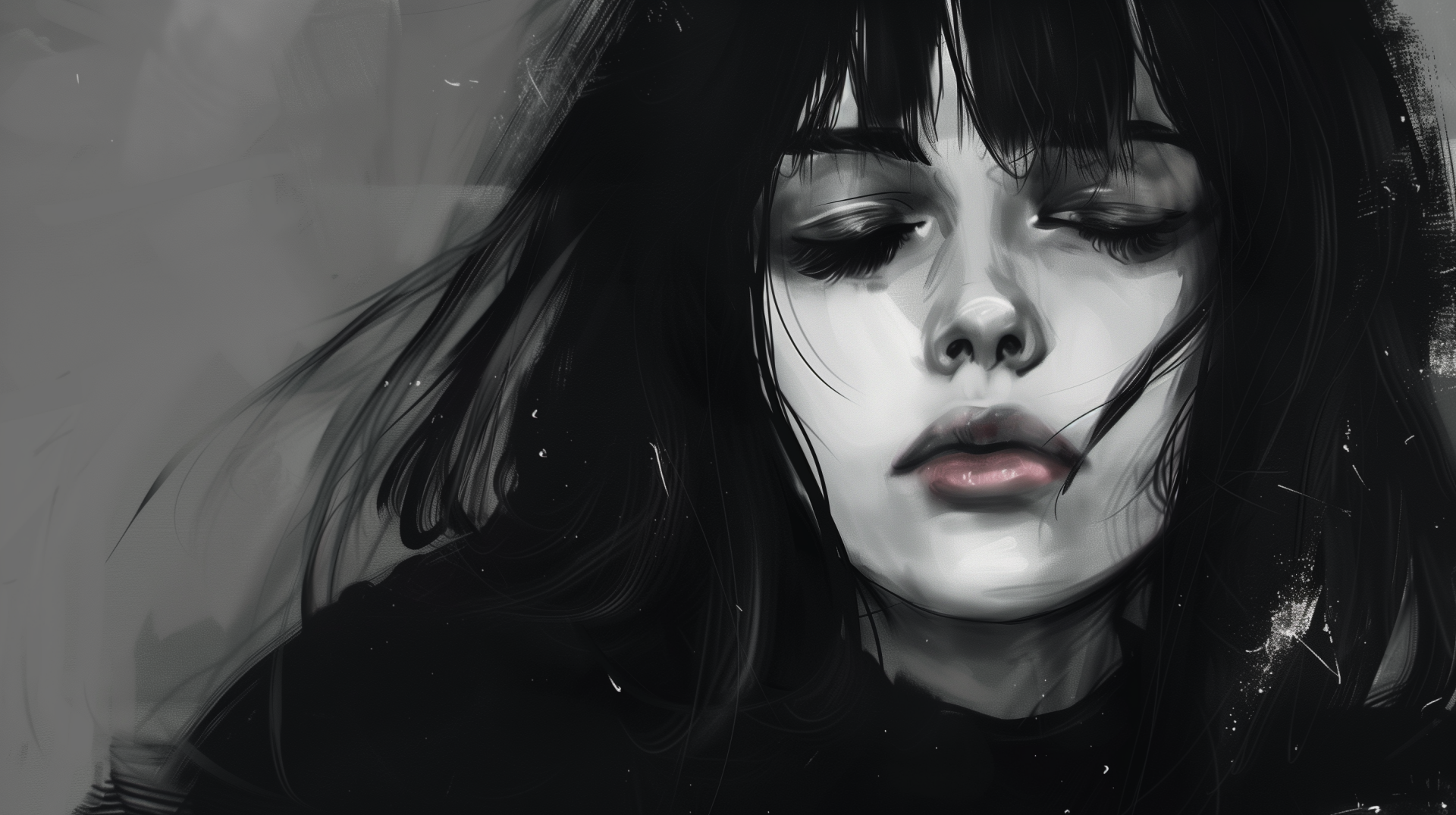 HD desktop wallpaper featuring an artistic depiction of a sad-looking woman with emo/gothic influences, primarily in grayscale tones.