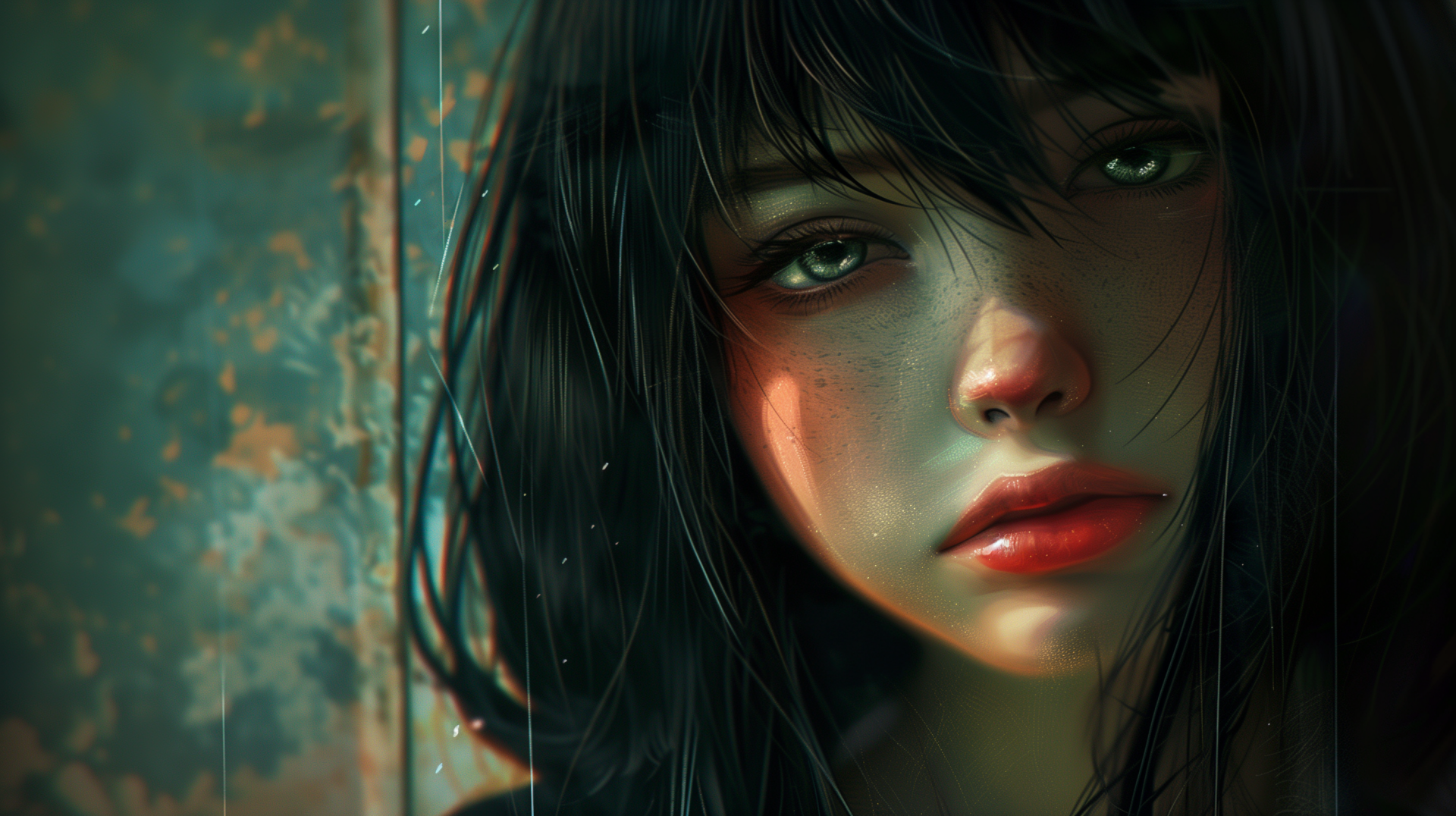 HD desktop wallpaper featuring a somber, emotional portrayal of a woman with striking eyes, damp hair, and a thoughtful expression against a textured, rustic backdrop.