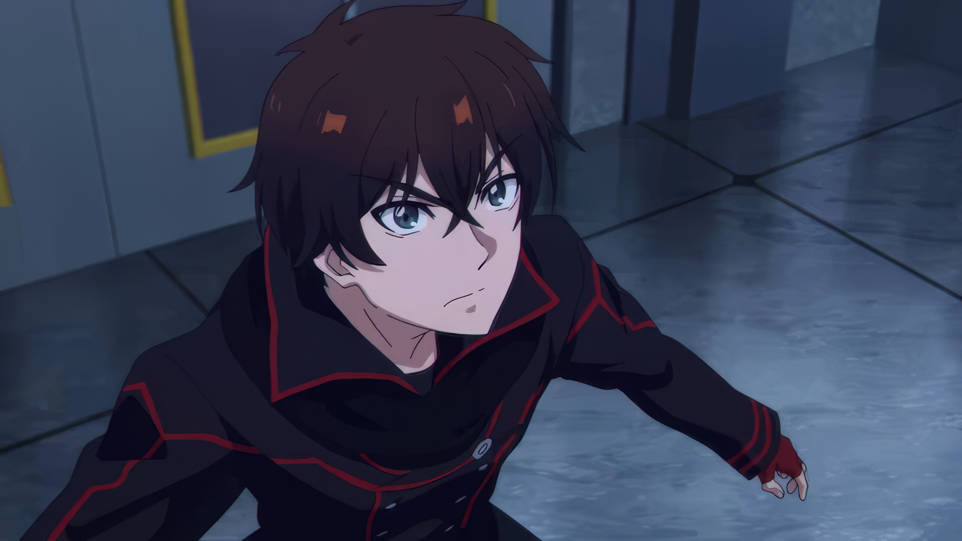 HD desktop wallpaper featuring an anime character from The New Gate with determined expression, wearing a black and red outfit, set against a blurred background.