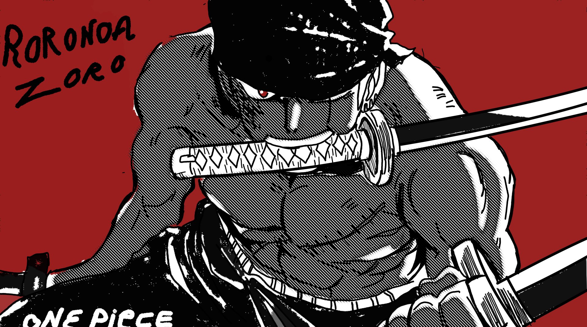 4K Ultra HD anime wallpaper featuring Roronoa Zoro from One Piece, showcasing his intense gaze and sword against a bold red background.