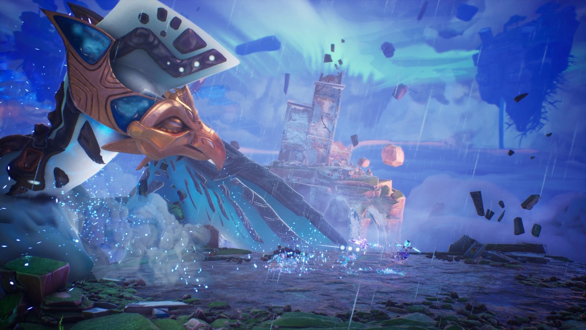 HD wallpaper of a fantasy scene from the video game Tales Of Kenzera: Zau featuring a mystical creature overlooking a magical landscape with floating debris and a distant tower under a surreal sky.