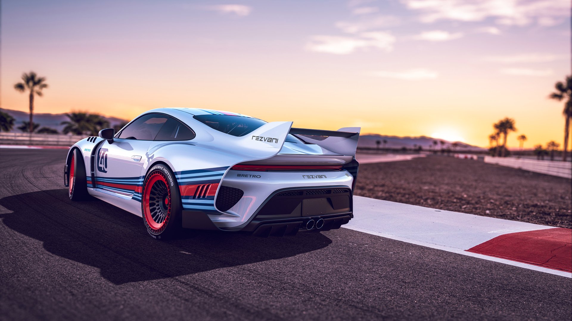 HD desktop wallpaper of a Rezvani Retro RR1 sports car parked on a racetrack at sunset, showcasing its modern and sporty design with a blue and white color scheme and red-accented wheels.