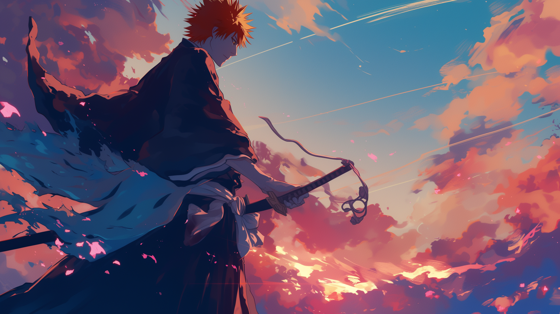HD wallpaper of the anime character Ichigo Kurosaki from Bleach, depicted in a dynamic pose with his sword against a vibrant sunset sky.