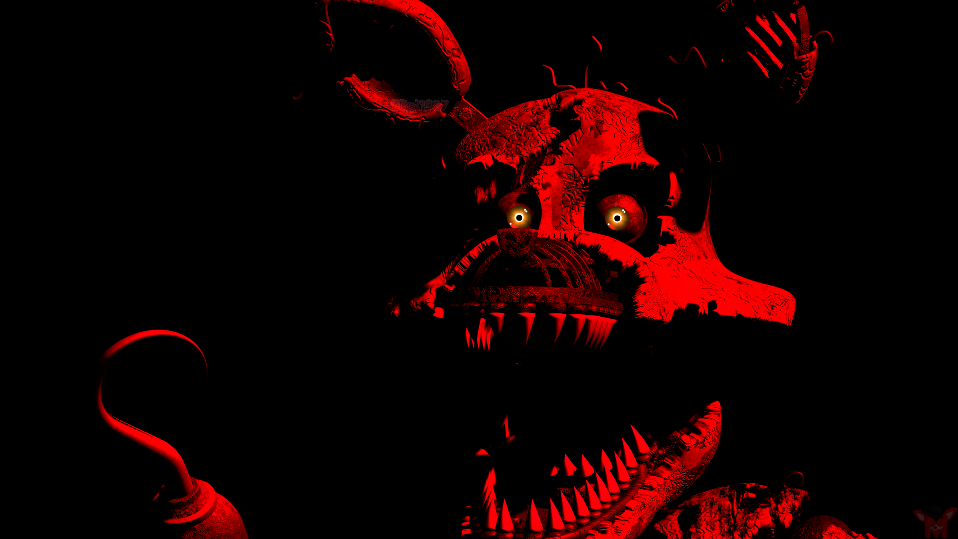 Red-lit nightmarish Foxy animatronic with glowing eyes and jagged teeth, Five Nights at Freddy's 4 / Five Nights at Freddy's 8K Ultra HD PC desktop wallpaper.