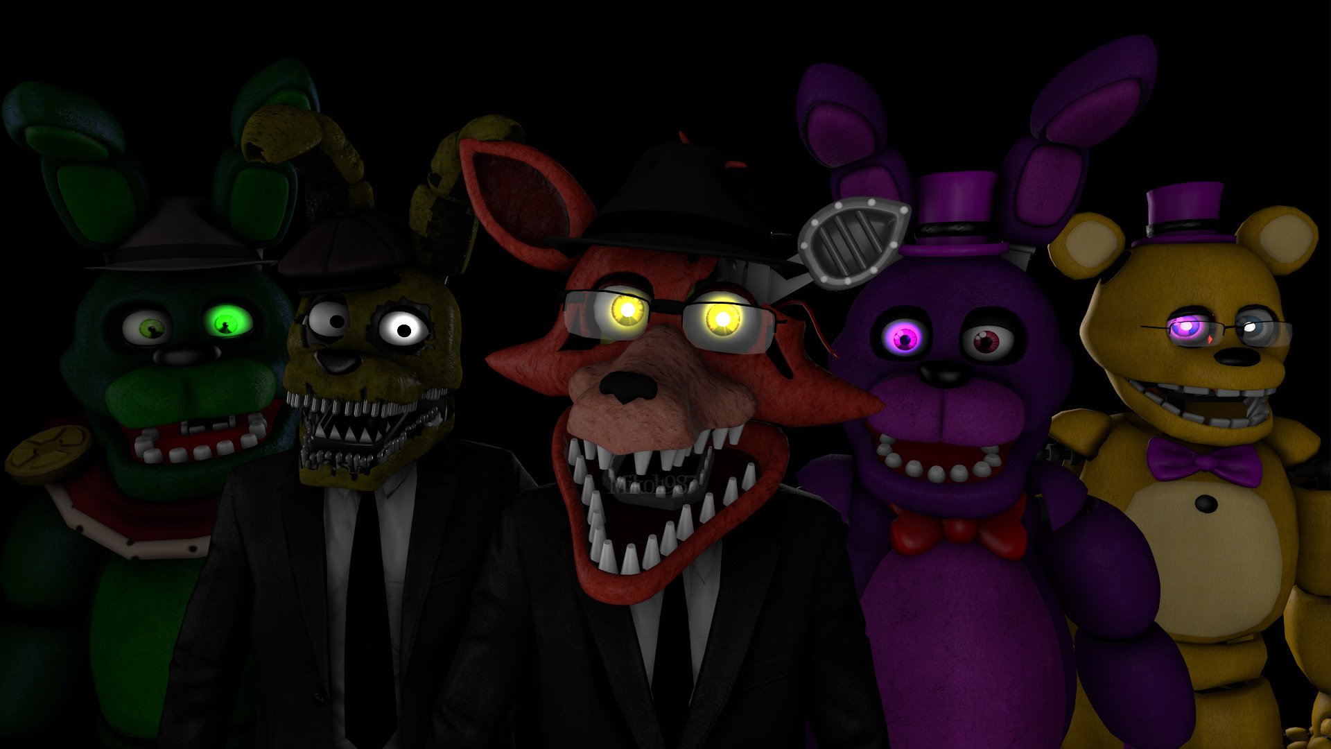 HD PC desktop wallpaper featuring characters from Five Nights At Freddy's 2 and Five Nights at Freddy's, showcasing animatronics in a dark, eerie setting.