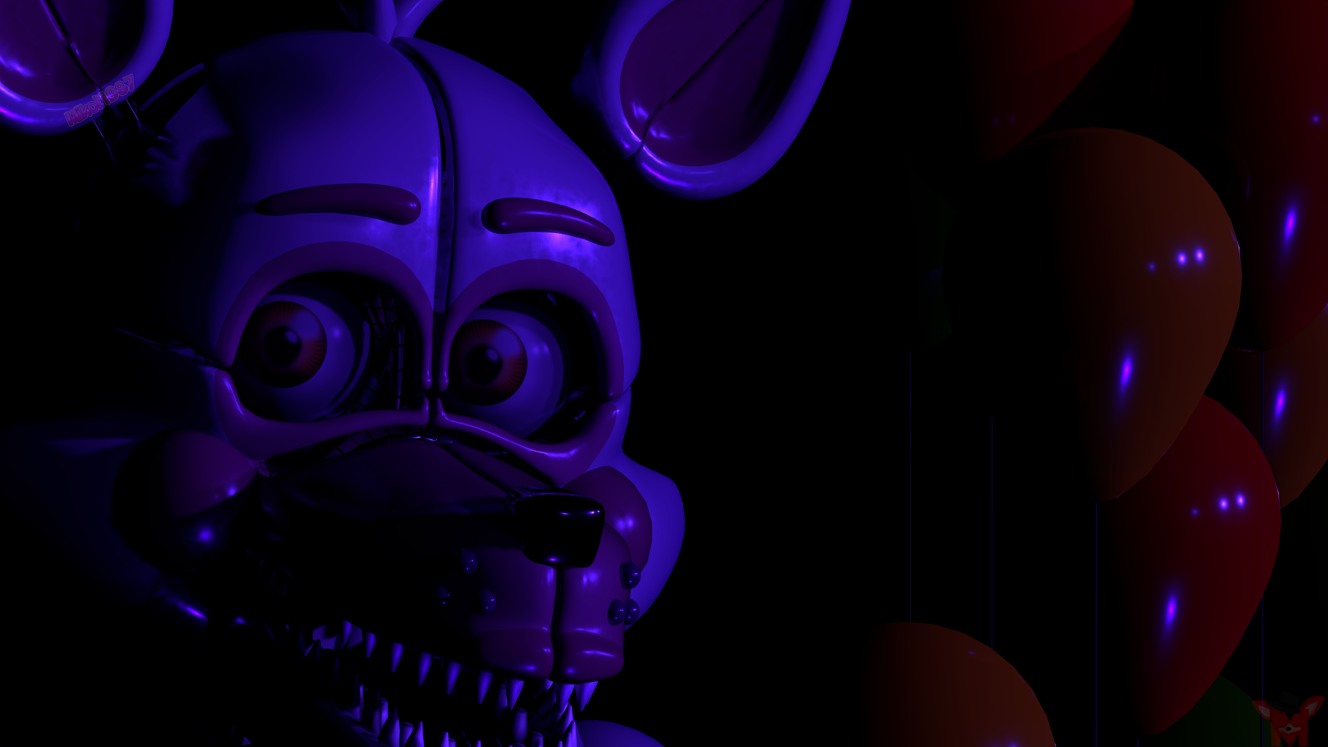 Close-up of a sinister animatronic character from Five Nights at Freddy's: Sister Location in dark, moody lighting, shown in an 8K Ultra HD PC desktop wallpaper style.