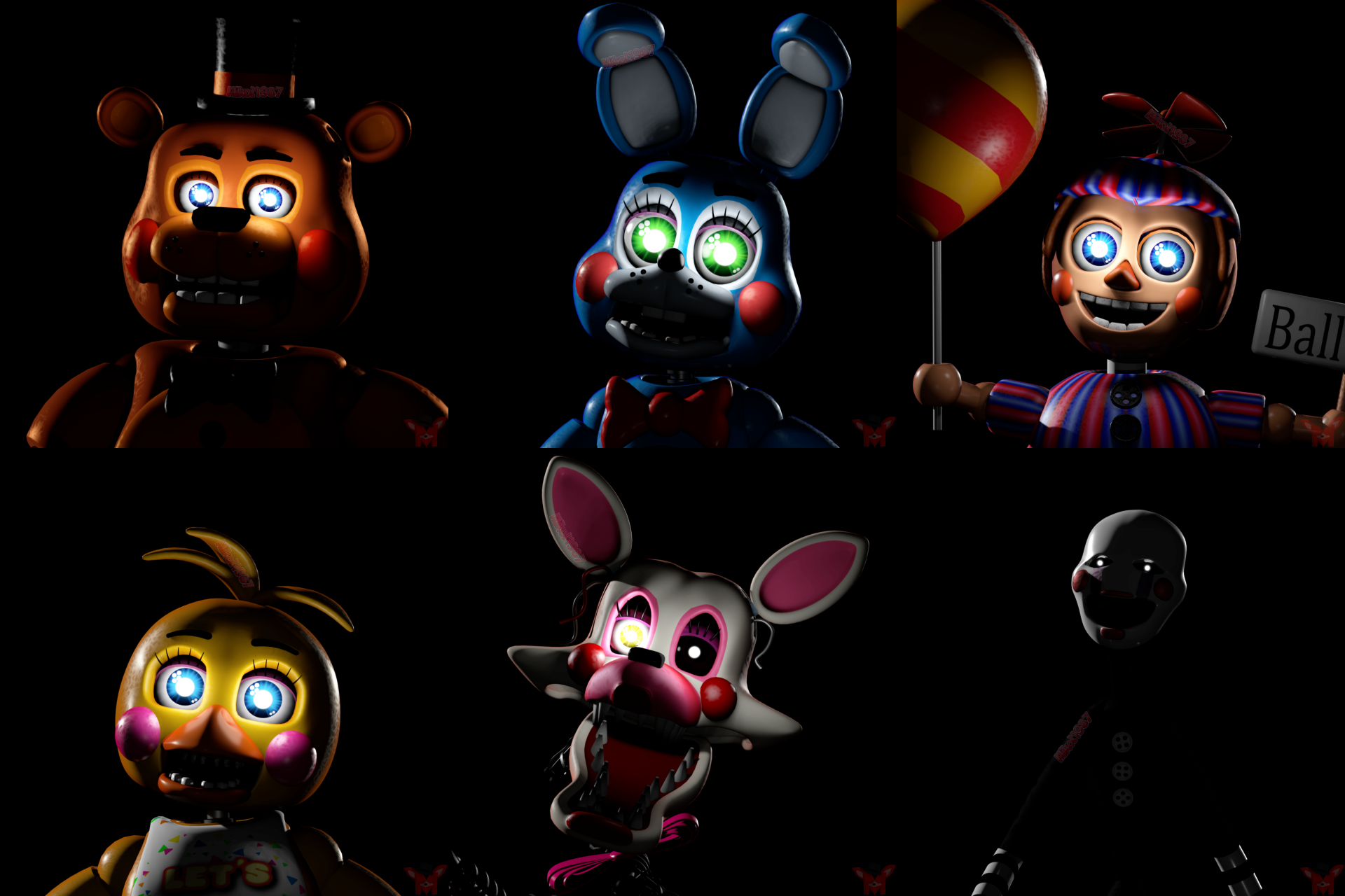 8K Ultra HD PC desktop wallpaper featuring animatronic characters from Five Nights at Freddy's and Five Nights At Freddy's 2 in a dark, eerie setting.