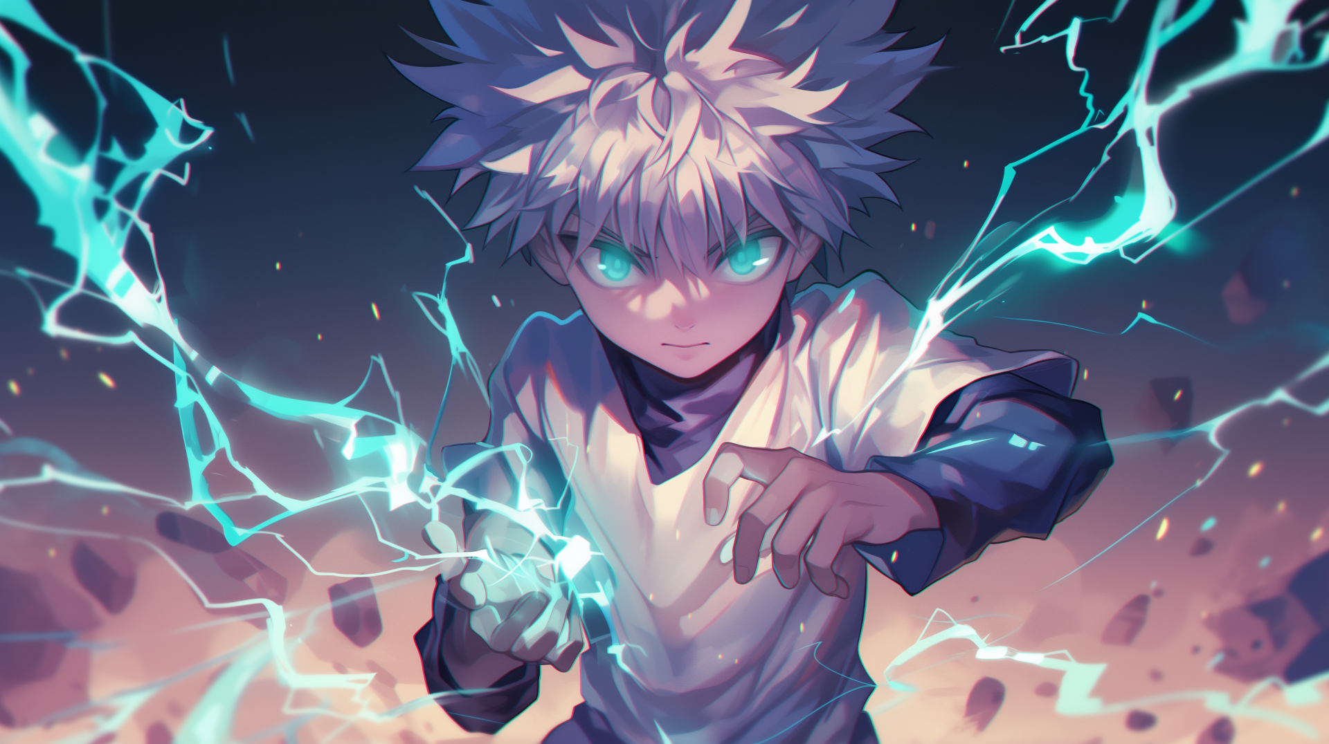 HD anime wallpaper featuring Killua Zoldyck from Hunter x Hunter with blue eyes, surrounded by dynamic blue lightning.