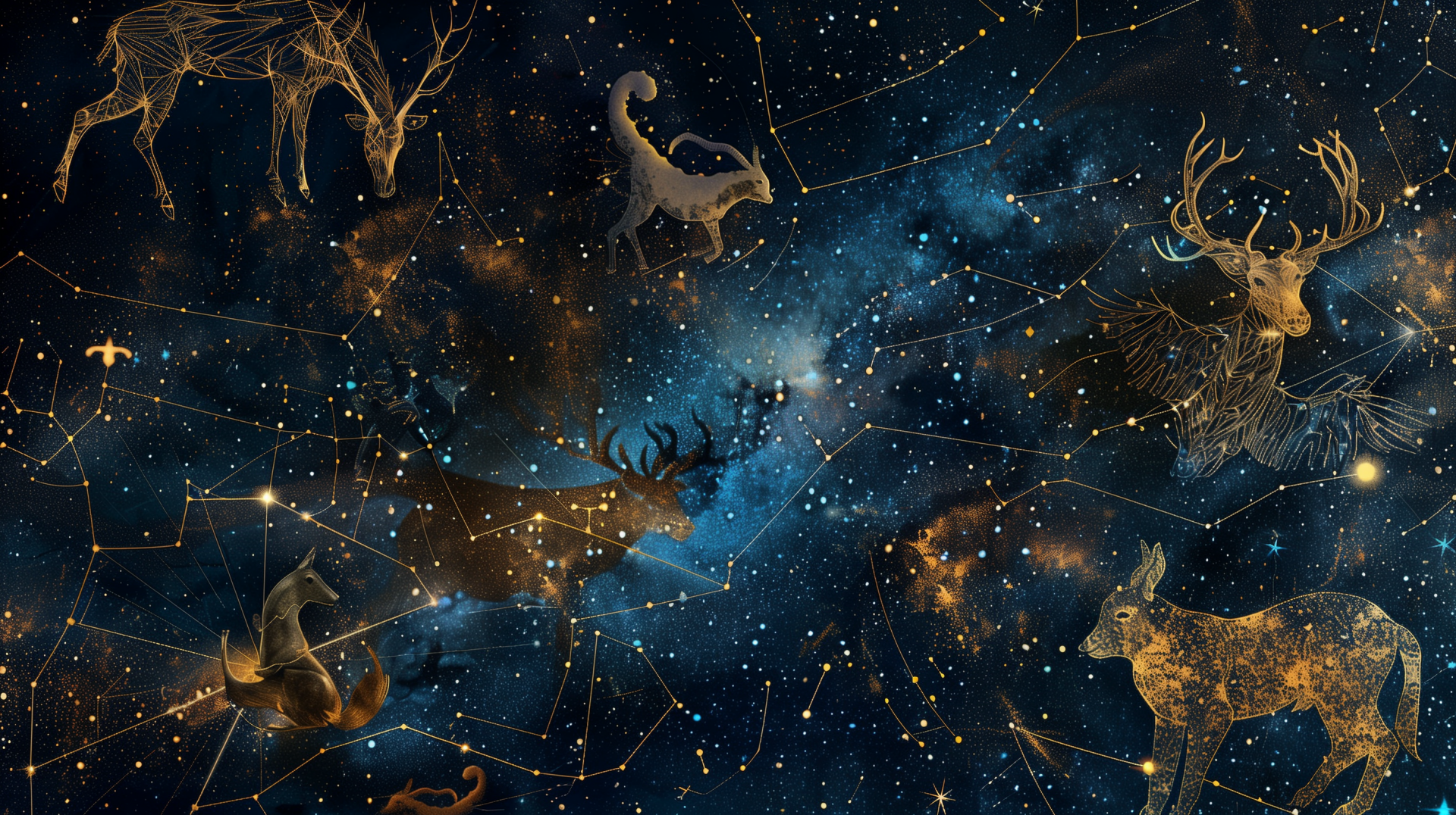 HD wallpaper depicting various zodiac constellations with symbolic illustrations against a starry space background.
