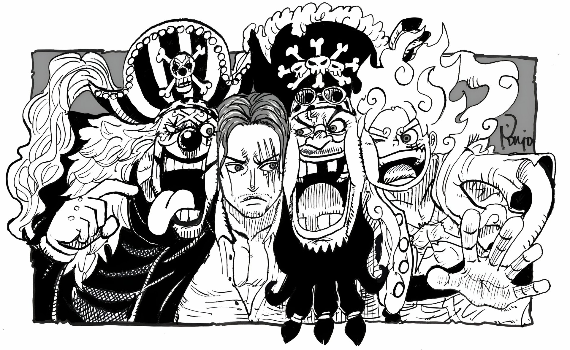 Black and white HD anime desktop wallpaper featuring One Piece manga characters in dynamic poses.