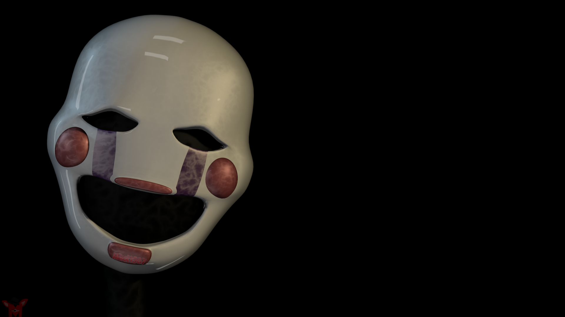 8K Ultra HD PC desktop wallpaper featuring the eerie Puppet mask from Five Nights at Freddy's 2, set against a dark background.