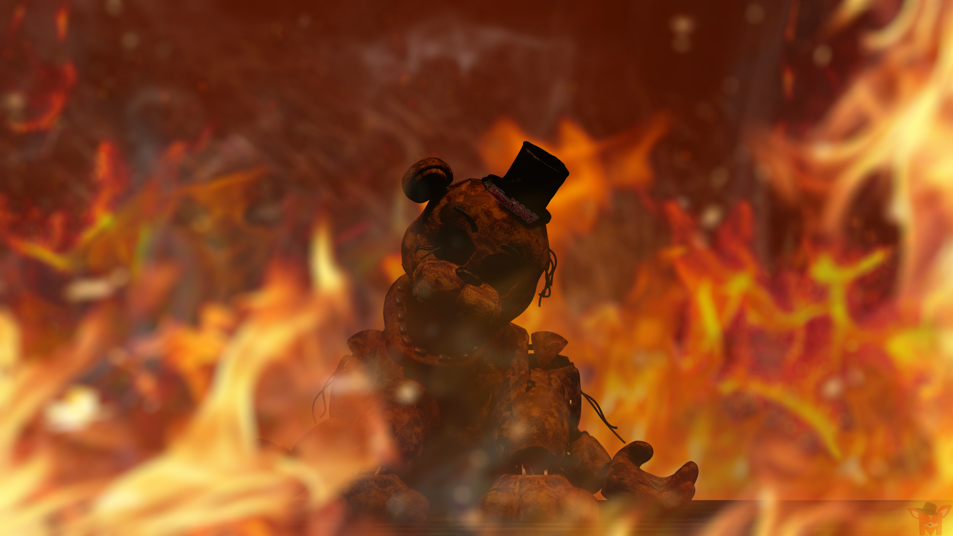 Scorched, shadowy animatronic from Five Nights At Freddy's 2 rising through flames — dramatic 8K Ultra HD PC desktop wallpaper/background inspired by Five Nights at Freddy's.