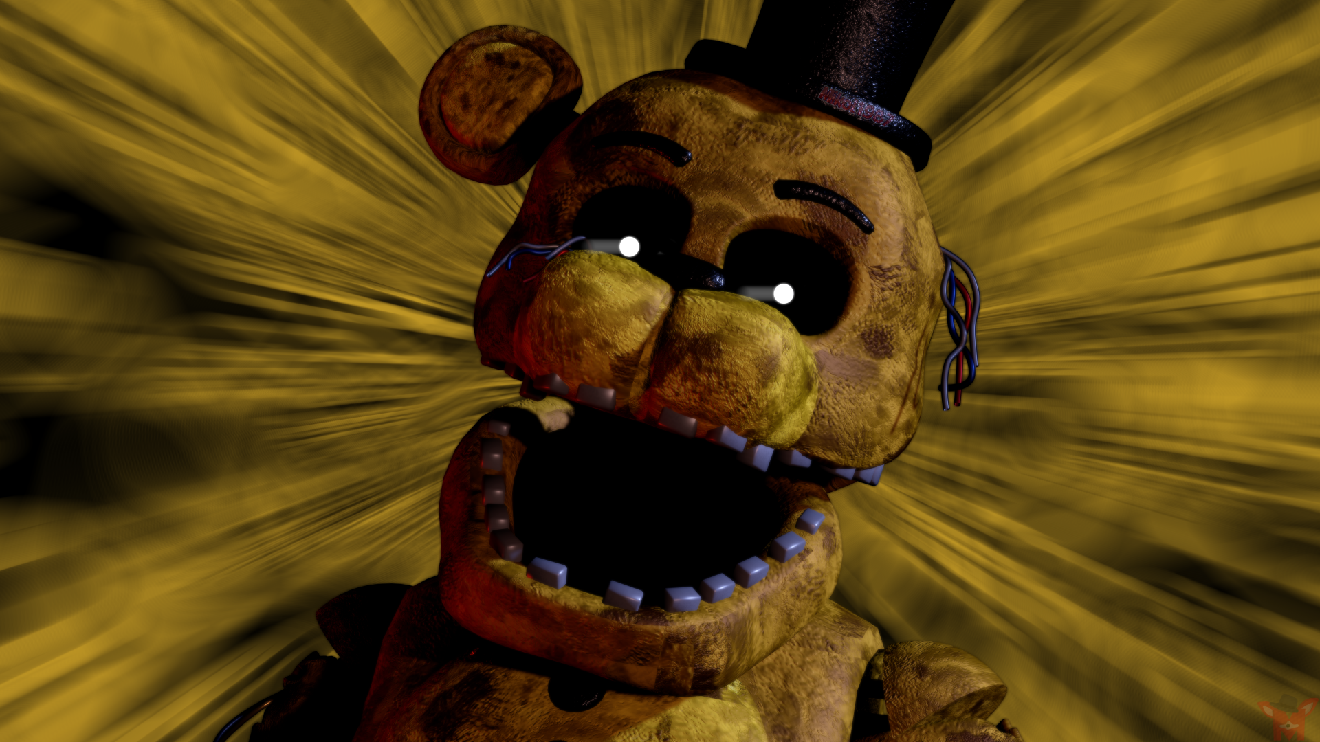 Close-up of a worn, creepy animatronic bear from Five Nights At Freddy's 2, rendered in 8K Ultra HD as a PC desktop wallpaper and background.
