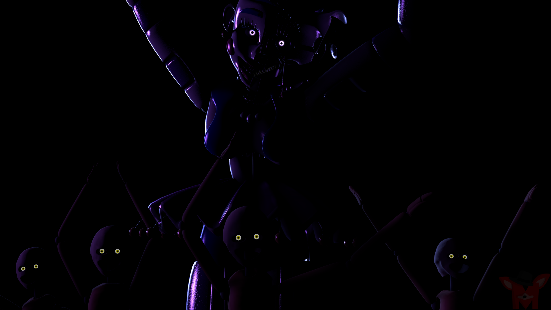 4K Ultra HD PC desktop wallpaper showing shadowy animatronics from Five Nights at Freddy's: Sister Location (Five Nights at Freddy's) with glowing eyes.