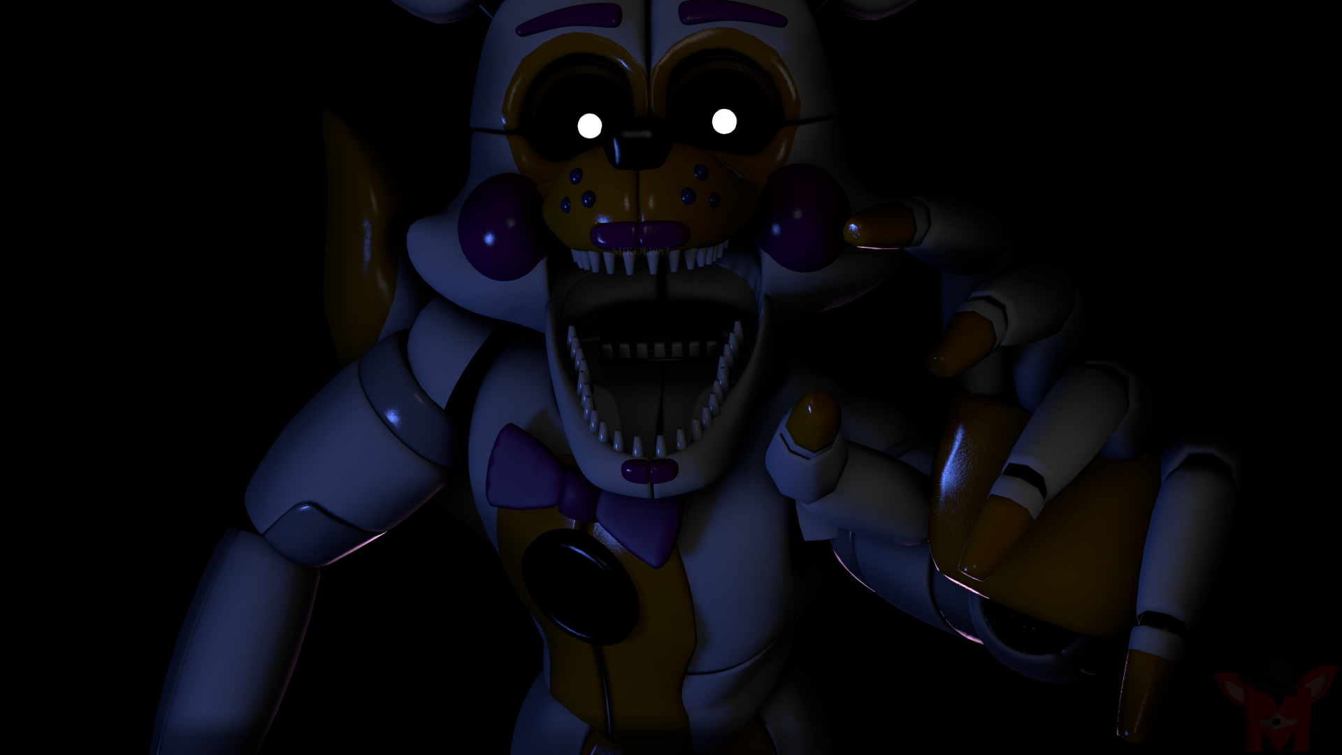 Dark and eerie 4K Ultra HD PC desktop wallpaper featuring an animatronic from Five Nights at Freddy's: Sister Location, capturing the horror and suspense of the game.