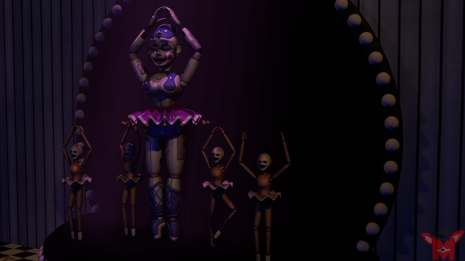 4K Ultra HD wallpaper featuring animatronic ballerinas from Five Nights at Freddy's: Sister Location against a dark stage background.