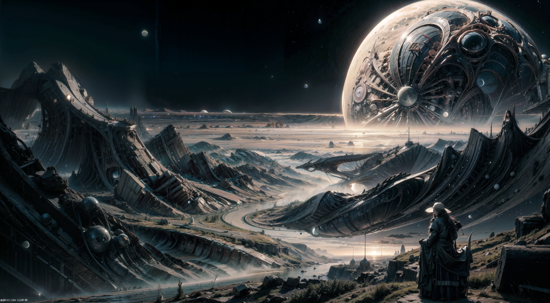 Abstract alien landscape of a distant world with rugged terrain, a massive, intricate celestial body looming in space, designed as an HD PC desktop wallpaper background.