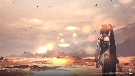 A stunning HD desktop wallpaper from the video game Stellar Blade, featuring a character gazing into a mesmerizing sunset landscape with ethereal lighting and distant mountains.