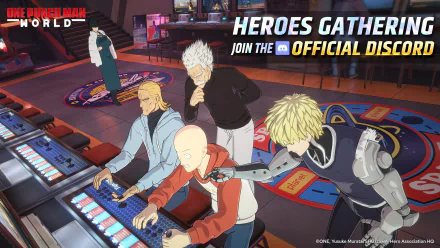 One Punch Man World HD wallpaper featuring characters Saitama, Genos, and others inside a control room with 'Heroes Gathering' text and an invitation to join the official Discord.