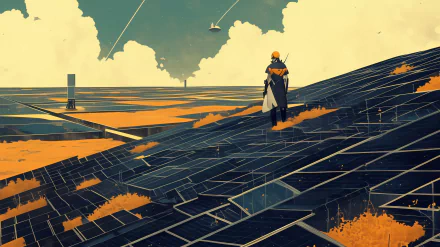 Dystopian future HD wallpaper featuring a lone figure standing amidst expansive solar panels with a dramatic sky backdrop.