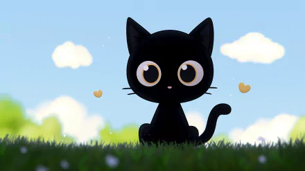 HD desktop wallpaper featuring Chococat, a cute black cat character from Sanrio, sitting on grass with a blue sky and fluffy clouds in the background.