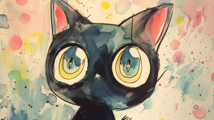 HD desktop wallpaper featuring Chococat, the whimsical black cat character from Sanrio, set against a playful backdrop with colorful paint splatters.