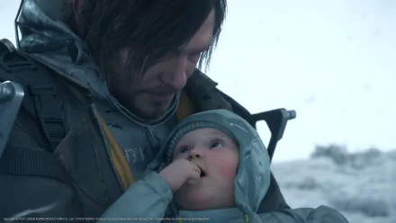 HD wallpaper of a scene from Death Stranding 2: On The Beach featuring a character holding a baby in a snowy environment.