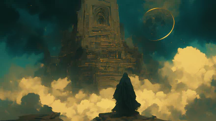 A mystical temple rises above swirling clouds under a new moon, evoking a sense of wonder and fantasy in this HD desktop wallpaper.