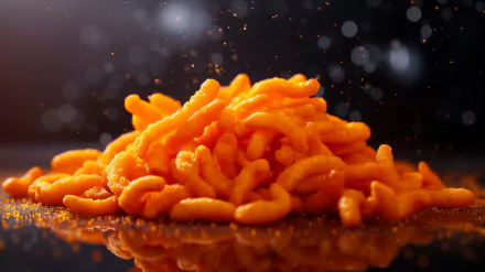 HD wallpaper of a vibrant pile of Cheetos against a dark, bokeh background.