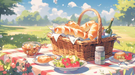 HD desktop wallpaper featuring a sunlit picnic scene with a full basket, fresh bread, fruits, and a bottle on a checkered blanket in a serene park.