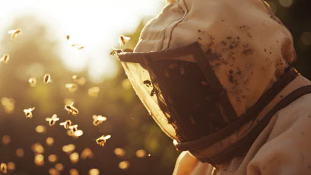 A beekeeper in protective gear stands amidst a swarm of bees, illuminated by golden sunlight, creating a captivating HD desktop wallpaper and background.