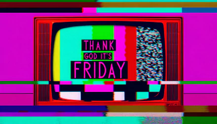 HD wallpaper with a retro TV displaying Thank God It's Friday in vibrant, glitchy colors, capturing the Friday excitement.