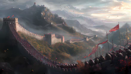 Fantasy HD wallpaper of an army marching along the Great Wall of China with red flags set against a scenic landscape at dusk.