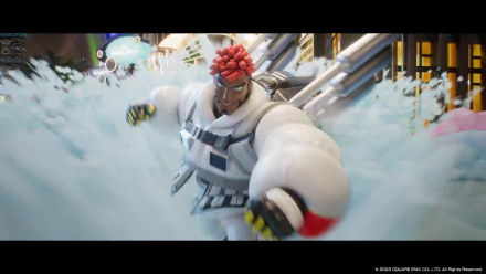 A dynamic HD wallpaper featuring a character from the video game Foamstars, showcasing an action-packed scene with vibrant colors and fluid splashes.