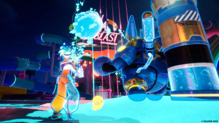 HD desktop wallpaper featuring a colorful scene from the video game Foamstars with vibrant neon aesthetics and a character in the foreground.