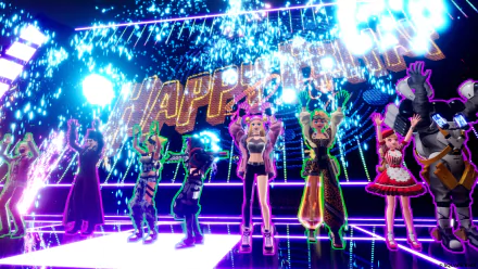 Vibrant HD desktop wallpaper featuring animated characters from the video game Foamstars celebrating on a stage with a dazzling light display background.