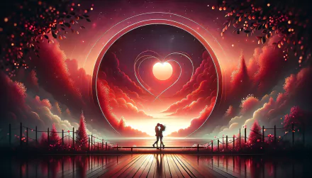 A romantic couple embraces against a stunning sunset, framed by a heart-shaped sky, creating a captivating backdrop celebrating love and Valentine's Day.