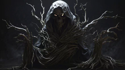 Dark, scary forest monster entity with glowing eyes and twisted branches, depicted in an HD PC desktop wallpaper and background.