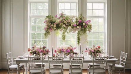 Elegant bridal shower setup with floral decorations in a bright room for HD desktop wallpaper and background.