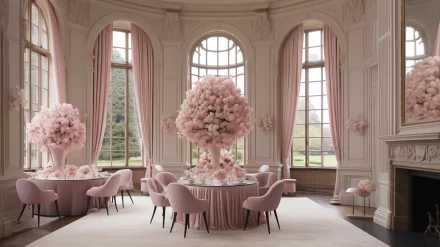 Elegant bridal shower setup with pink decor in a luxurious room with large windows, HD desktop wallpaper and background.
