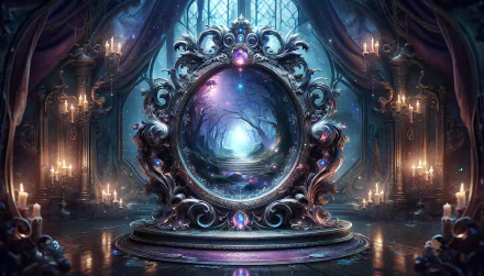 Ornate fantasy mirror with mystical glow in an enchanted candlelit room, HD wallpaper.