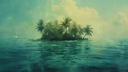 HD desktop wallpaper featuring a serene tropical island surrounded by calm blue waters, with lush palm trees and a dreamy sky, perfect for a tranquil background setting.