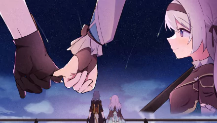 4K Ultra HD PC desktop wallpaper from Honkai: Star Rail showing Stelle and Firefly holding hands while two silhouettes gaze at a starry sky — video game background.