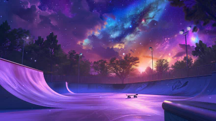 A vibrant skate park under a breathtaking night sky, featuring colorful cosmic elements and a sunset glow, makes for an enchanting HD desktop wallpaper.