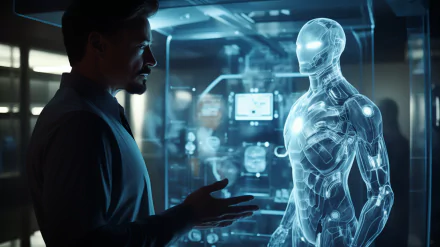 HD wallpaper of a person standing next to a hologram of the Iron Man suit design, evoking the essence of Tony Stark's innovative spirit from Marvel Comics.